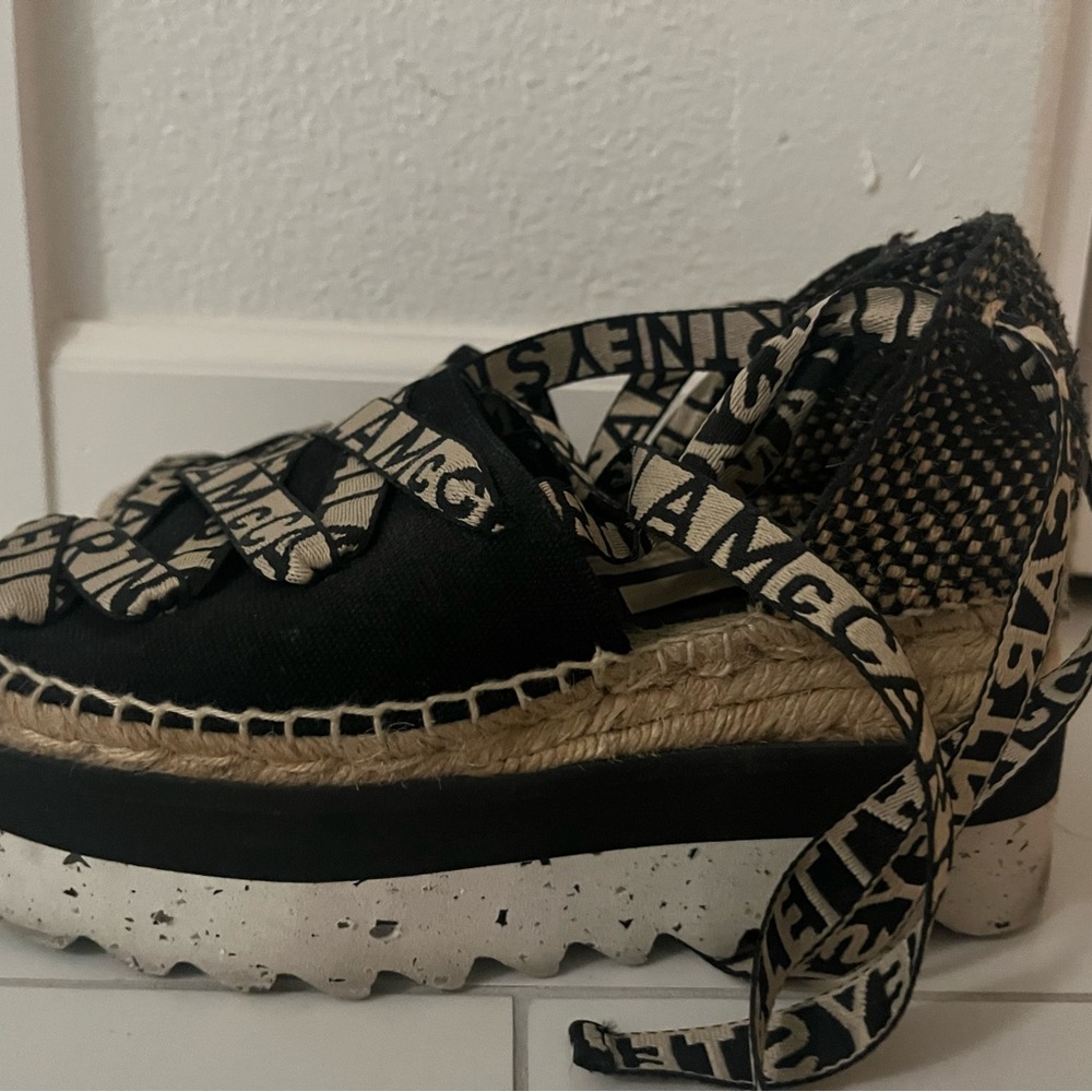 Black and Cream Espadrille Wedge Sandals